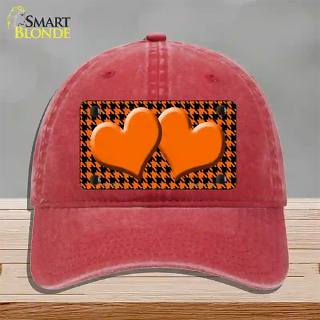 Orange Black Houndstooth Orange Center Hearts Novelty License Plate Hat Unconstructed Cotton / Red