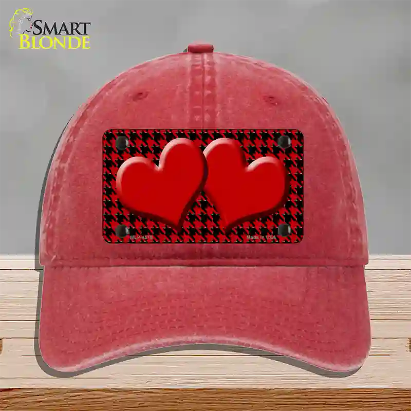 Red Black Houndstooth Red Center Hearts Novelty License Plate Hat Unconstructed Cotton / Red