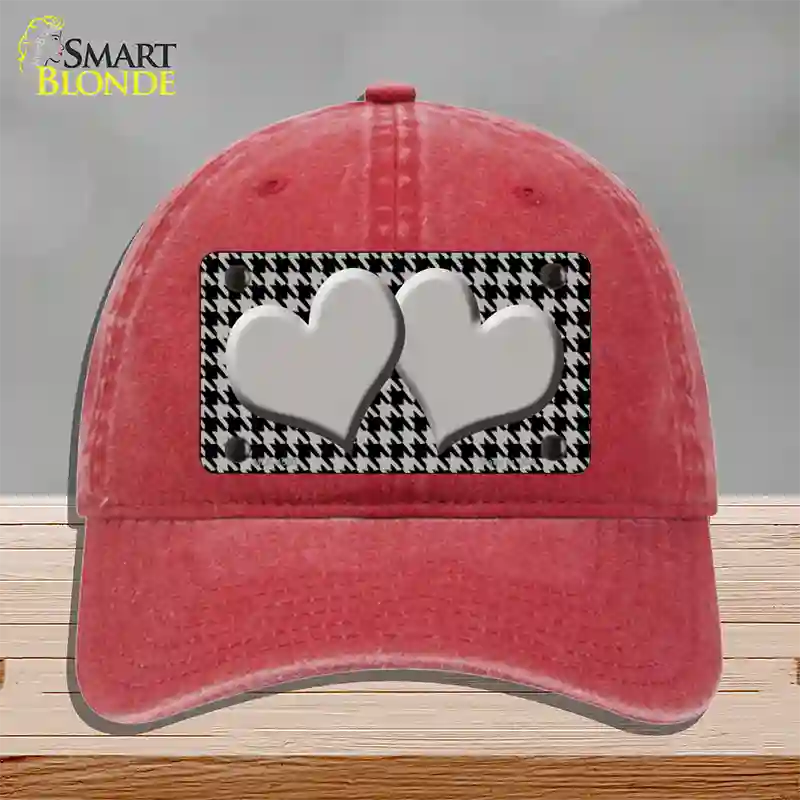 Grey Black Houndstooth Grey Center Hearts Novelty License Plate Hat Unconstructed Cotton / Red