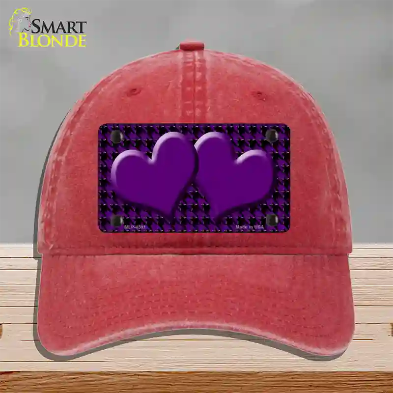 Purple Black Houndstooth Purple Center Hearts Novelty License Plate Hat Unconstructed Cotton / Red