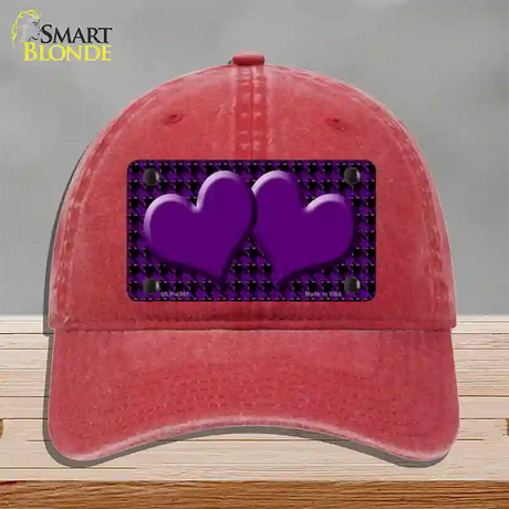 Purple Black Houndstooth Purple Center Hearts Novelty License Plate Hat Unconstructed Cotton / Red