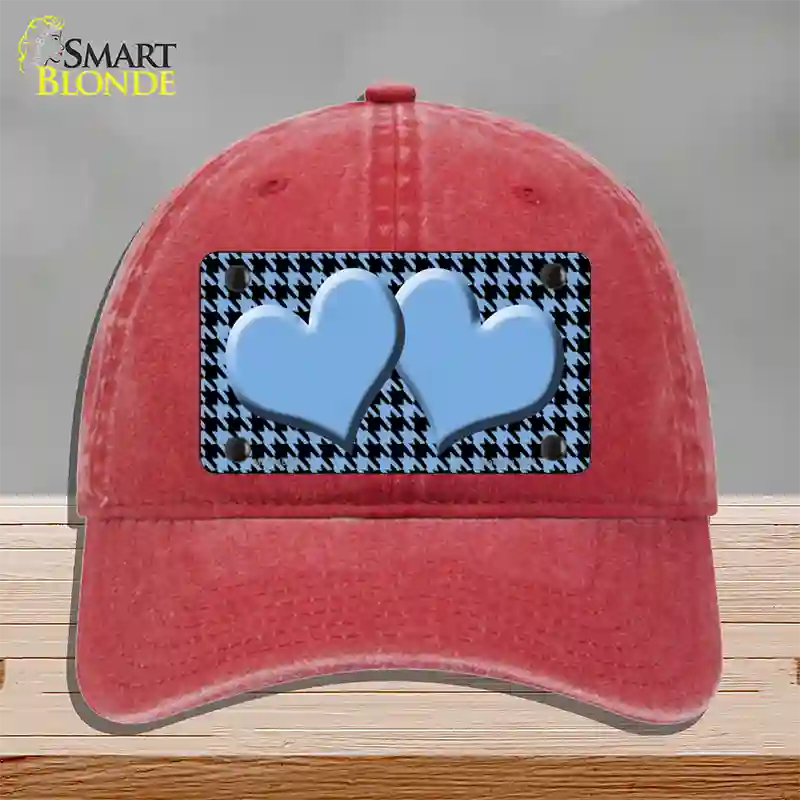 Light Blue Black Houndstooth Light Blue Center Hearts Novelty License Plate Hat Unconstructed Cotton / Red