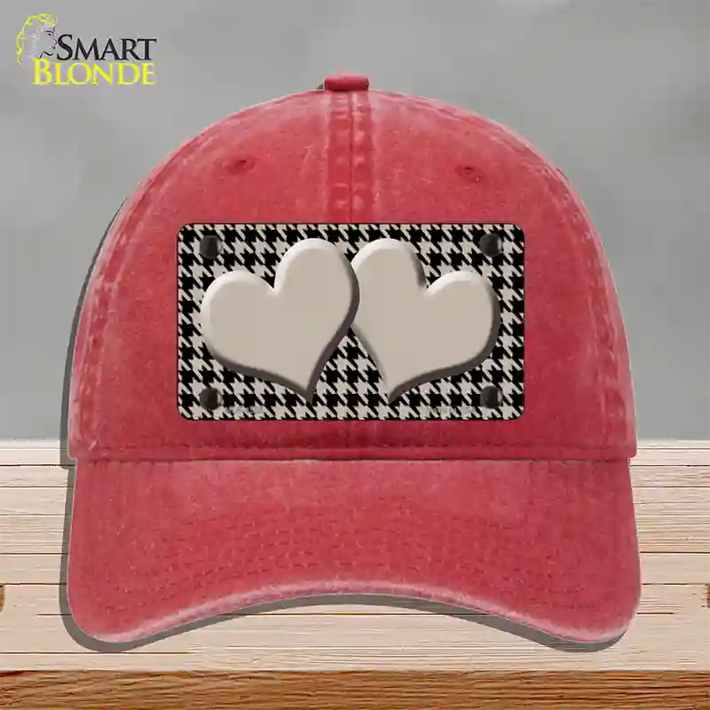 Tan Black Houndstooth Tan Center Hearts Novelty License Plate Hat Unconstructed Cotton / Red