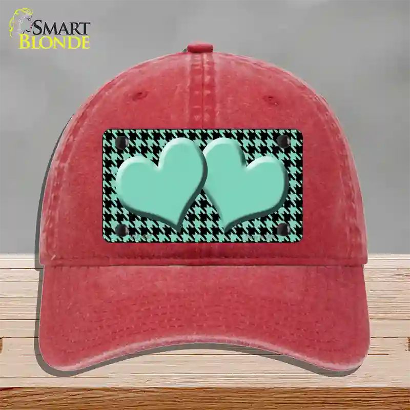 Mint Black Houndstooth Mint Center Hearts Novelty License Plate Hat Unconstructed Cotton / Red