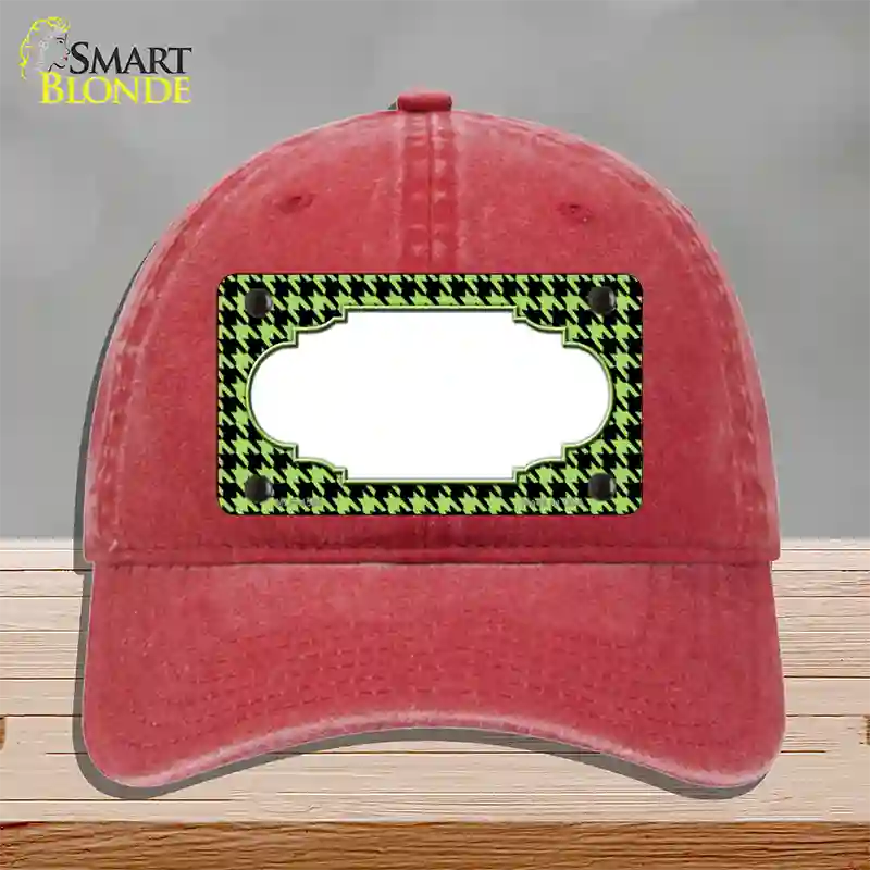 Lime Green Black Houndstooth Scallop Center Novelty License Plate Hat Unconstructed Cotton / Red