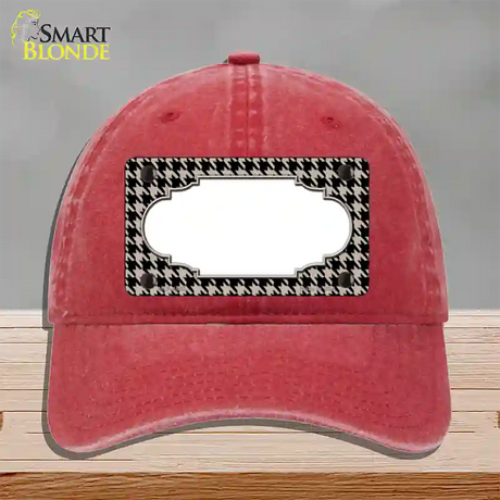 Tan Black Houndstooth Scallop Center Novelty License Plate Hat Unconstructed Cotton / Red