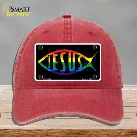 Jesus Fish Rainbow Novelty License Plate Hat Unconstructed Cotton / Red