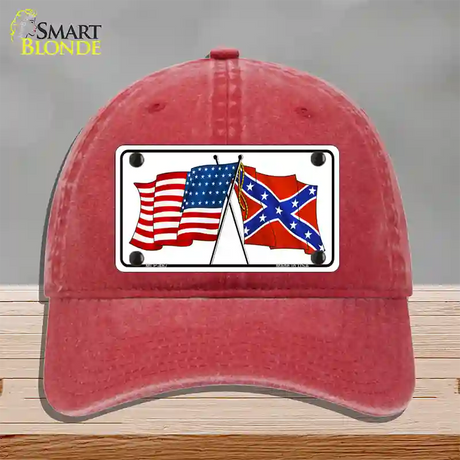 Confederate USA Crossed Flags Novelty License Plate Hat Unconstructed Cotton / Red