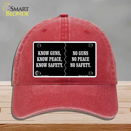 Know Guns, Know Peace, Know Safety Novelty License Plate Hat Unconstructed Cotton / Red