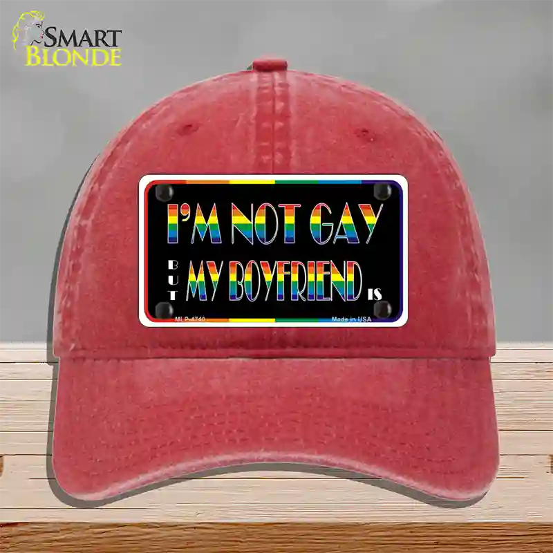 Im Not Gay But My Boyfriend Is Novelty License Plate Hat Unconstructed Cotton / Red