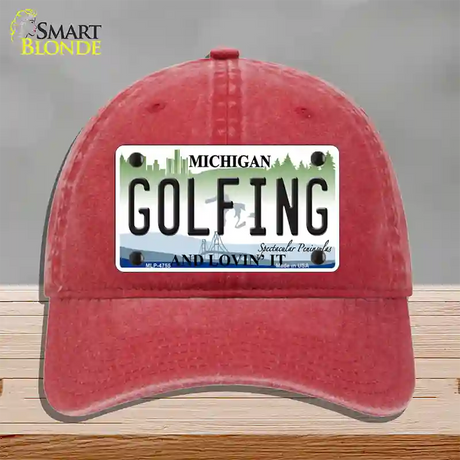 Golfing Michigan State Novelty License Plate Hat Unconstructed Cotton / Red