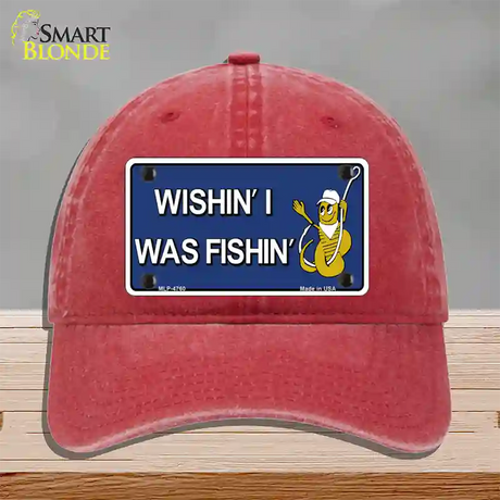 Wishin I Was Fishin Blue Novelty License Plate Hat Unconstructed Cotton / Red