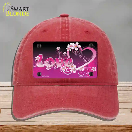 Love Heart And Flowers Novelty License Plate Hat Unconstructed Cotton / Red