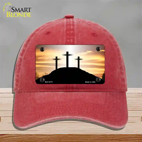 Three Crosses Sunset Novelty License Plate Hat Unconstructed Cotton / Red