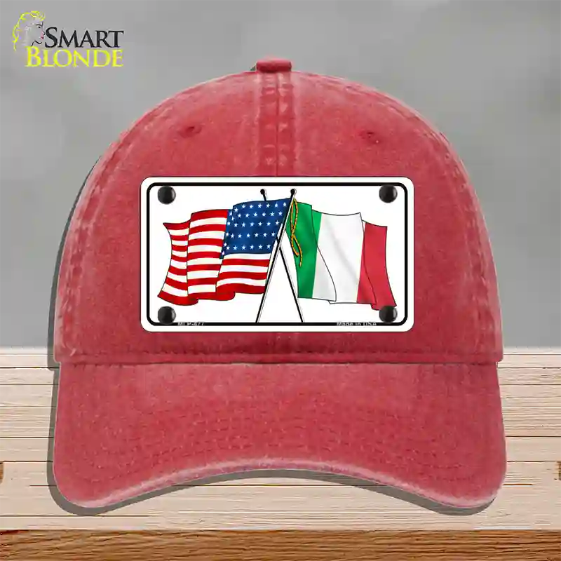 United States Italy Crossed Flags Novelty License Plate Hat Unconstructed Cotton / Red