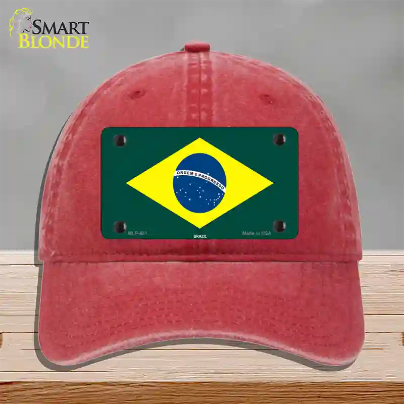 Brazil Flag Novelty License Plate Hat Unconstructed Cotton / Red