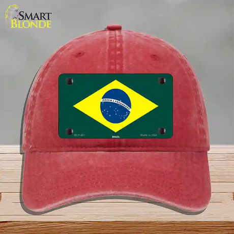 Brazil Flag Novelty License Plate Hat Unconstructed Cotton / Red