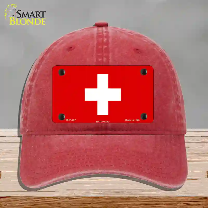 Switzerland Flag Novelty License Plate Hat Unconstructed Cotton / Red