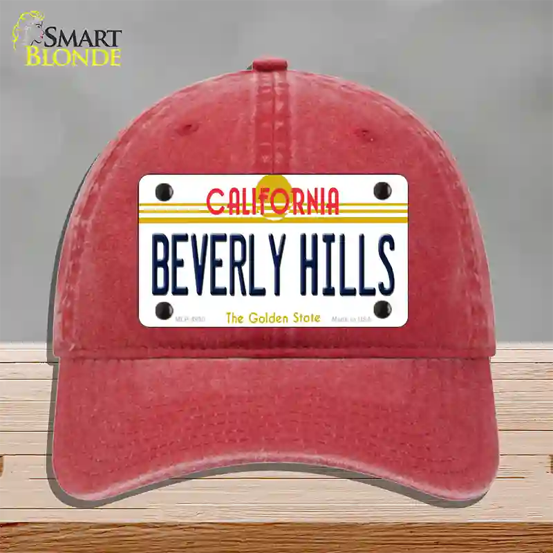 Beverly Hills California Novelty License Plate Hat Unconstructed Cotton / Red