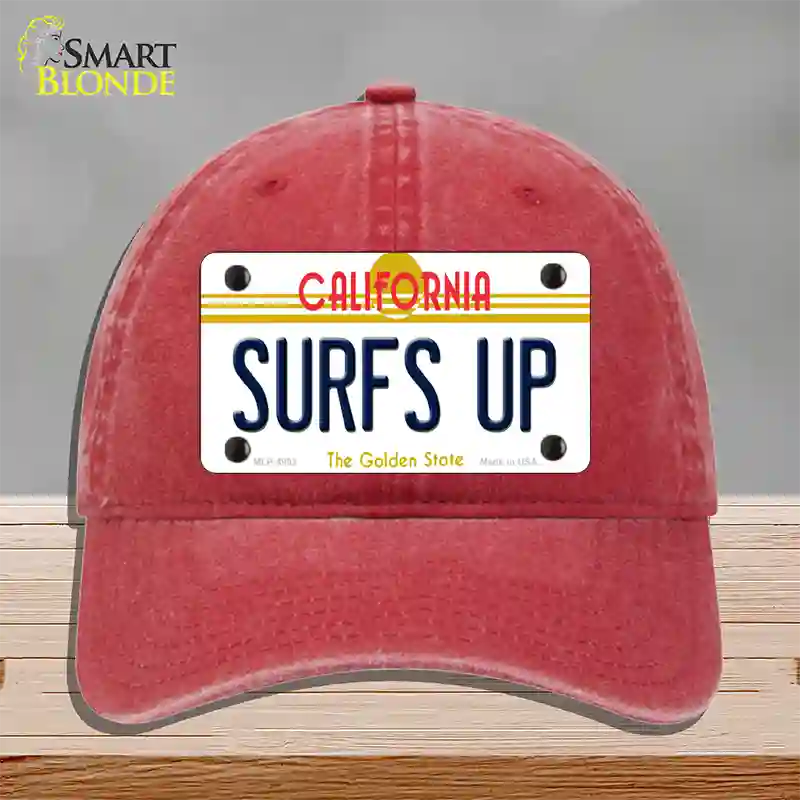 Surfs Up California Novelty License Plate Hat Unconstructed Cotton / Red