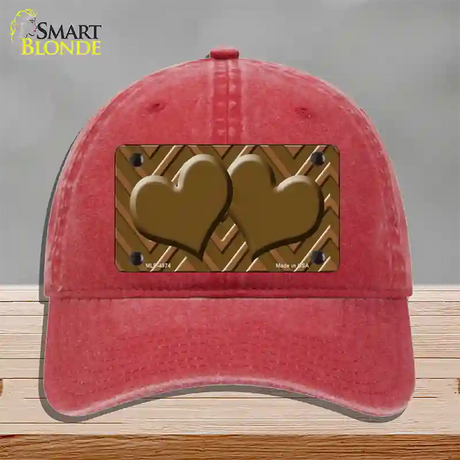 Brown Light Brown Heart Large Chevron Novelty License Plate Hat Unconstructed Cotton / Red