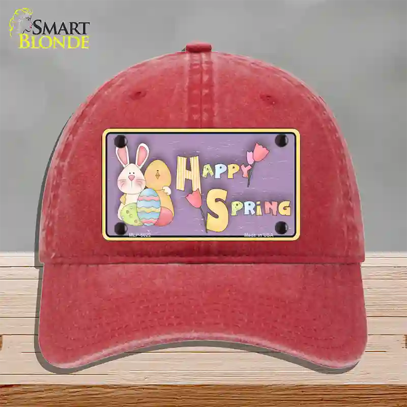 Happy Spring Yellow Novelty License Plate Hat Unconstructed Cotton / Red