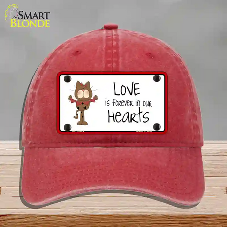 Love In Our Hearts Cat Novelty License Plate Hat Unconstructed Cotton / Red