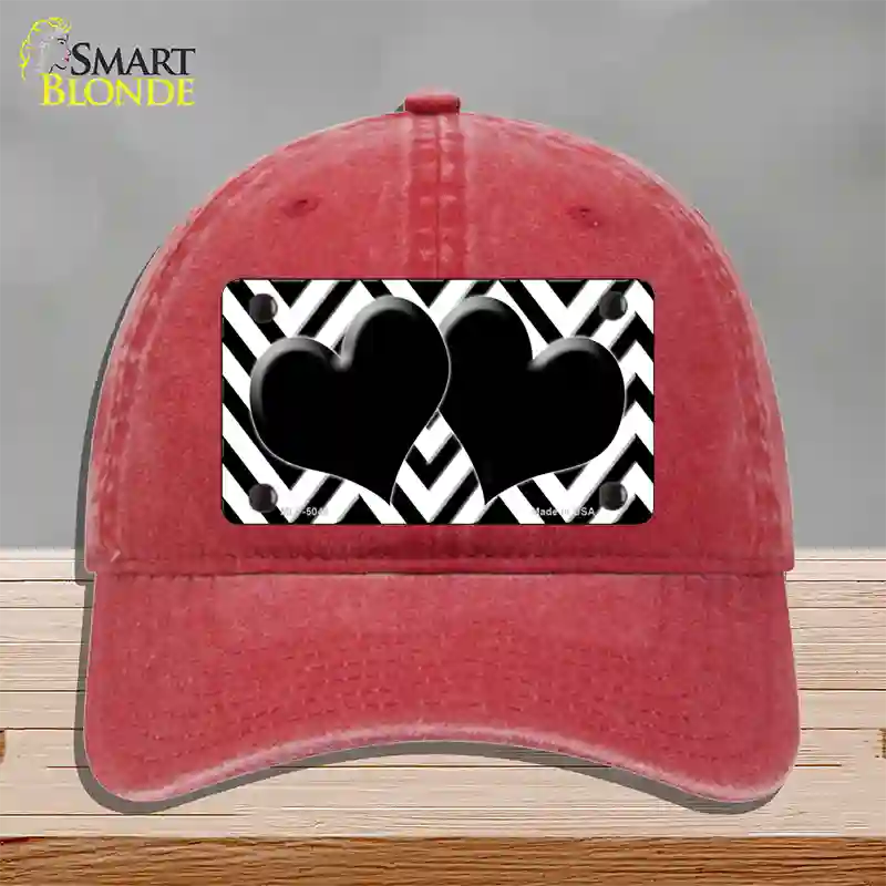 White Black Chevon Hearts Novelty License Plate Hat Unconstructed Cotton / Red