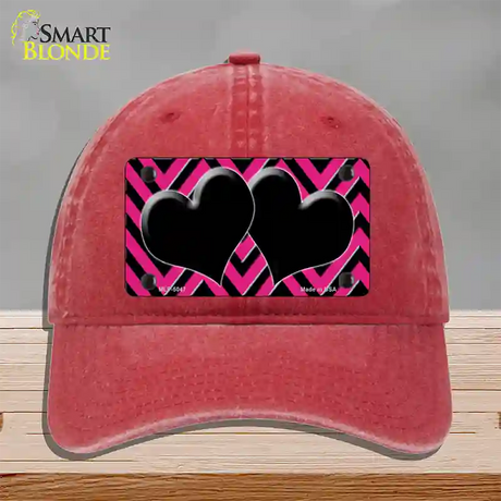 Pink Black Chevon Hearts Novelty License Plate Hat Unconstructed Cotton / Red