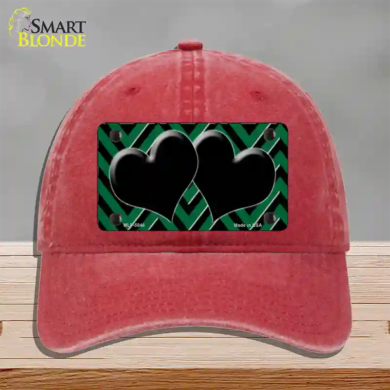 Green Black Chevon Hearts Novelty License Plate Hat Unconstructed Cotton / Red