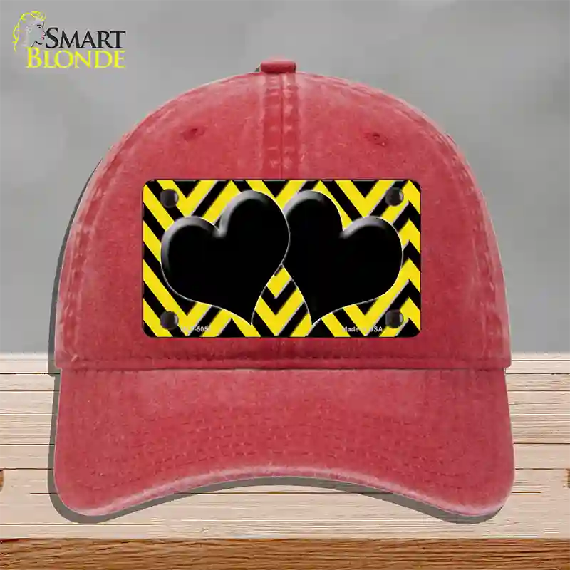 Yellow Black Chevon Hearts Novelty License Plate Hat Unconstructed Cotton / Red