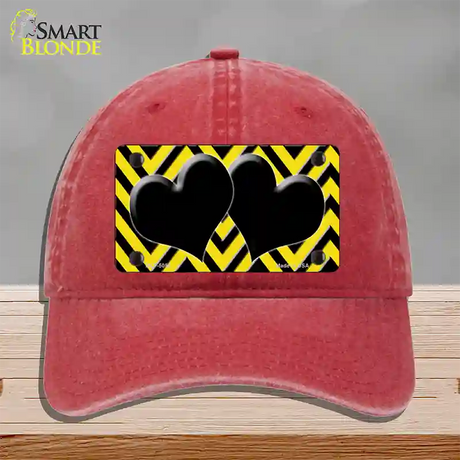 Yellow Black Chevon Hearts Novelty License Plate Hat Unconstructed Cotton / Red