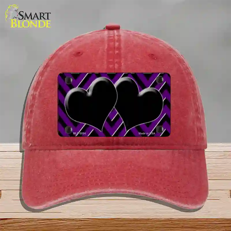 Purple Black Chevon Hearts Novelty License Plate Hat Unconstructed Cotton / Red