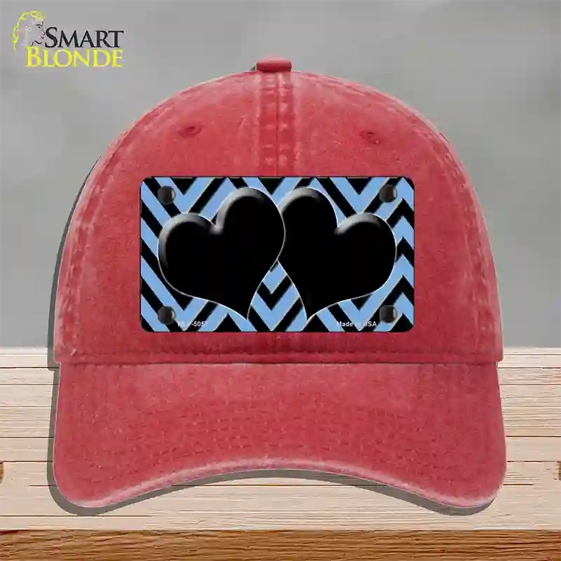 Light Blue Black Chevon Hearts Novelty License Plate Hat Unconstructed Cotton / Red