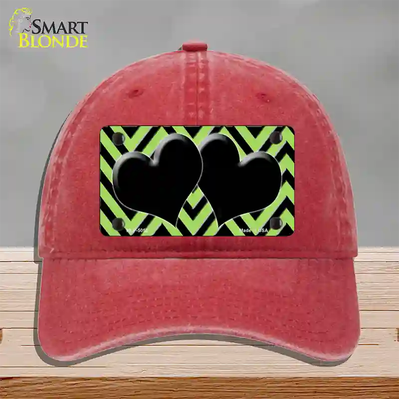 Lime Green Black Chevon Hearts Novelty License Plate Hat Unconstructed Cotton / Red