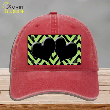 Lime Green Black Chevon Hearts Novelty License Plate Hat Unconstructed Cotton / Red