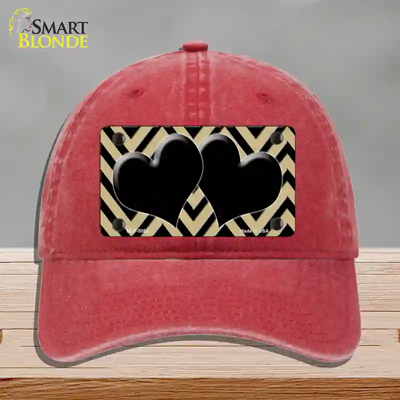 Gold Black Chevon Hearts Novelty License Plate Hat Unconstructed Cotton / Red