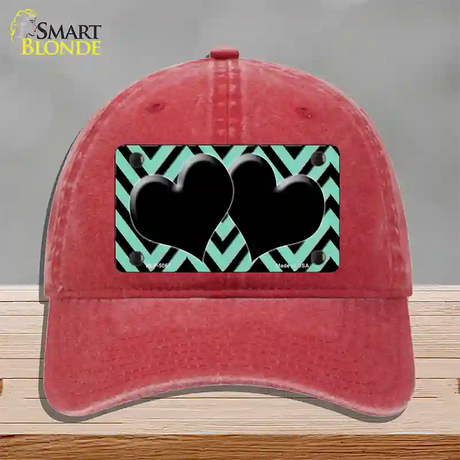 Mint Black Chevon Hearts Novelty License Plate Hat Unconstructed Cotton / Red