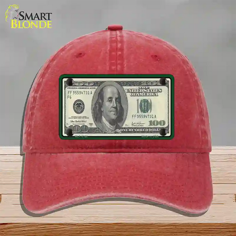 $100 Bill Novelty License Plate Hat Unconstructed Cotton / Red