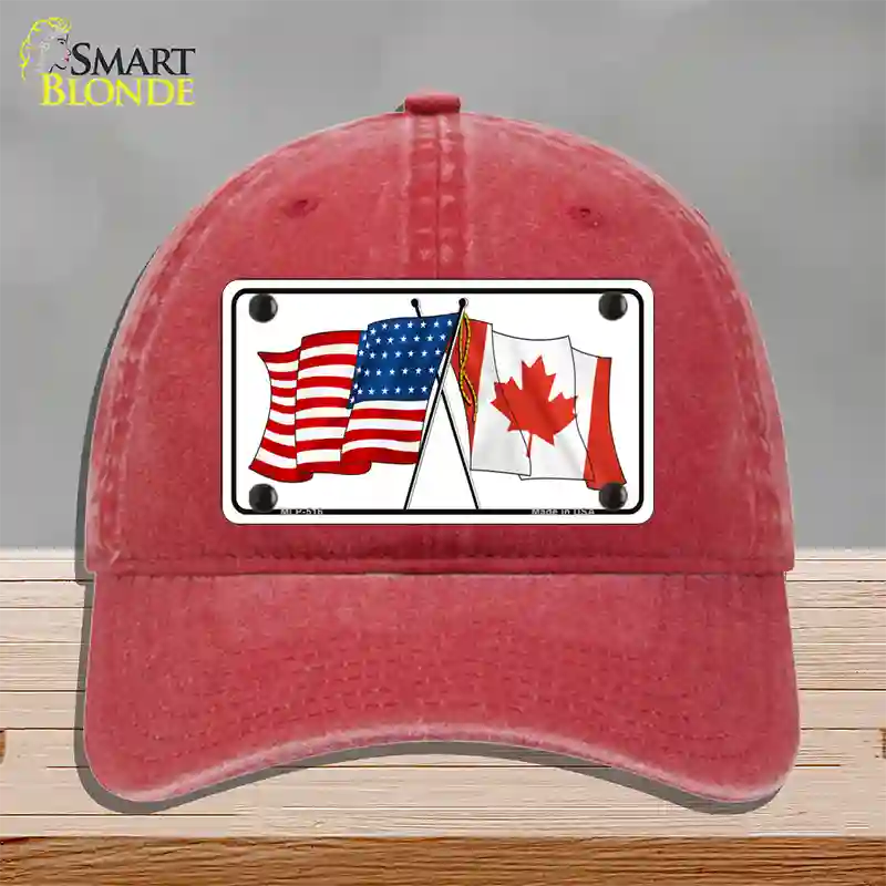 United States Canadian Flag Novelty License Plate Hat Unconstructed Cotton / Red