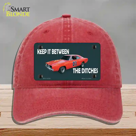 Between The Ditches Novelty License Plate Hat Unconstructed Cotton / Red