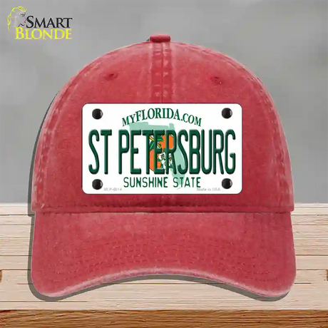 St Petersburg Florida Novelty License Plate Hat Unconstructed Cotton / Red