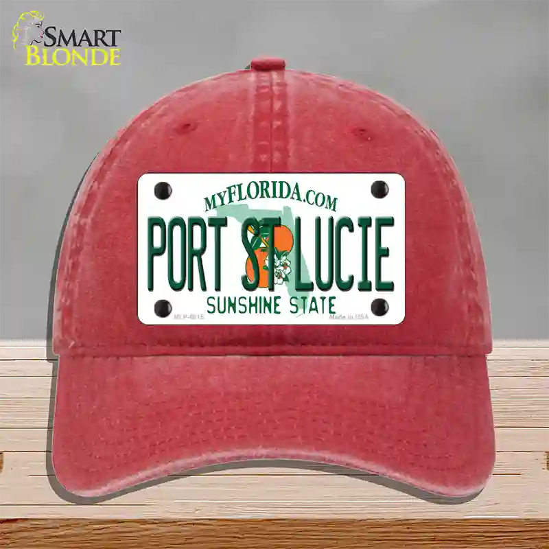 Port St Lucie Florida Novelty License Plate Hat Unconstructed Cotton / Red