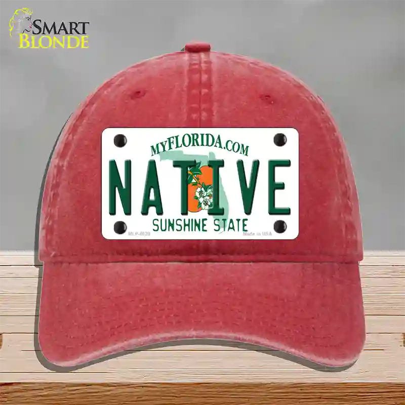 Native Florida Novelty License Plate Hat Unconstructed Cotton / Red