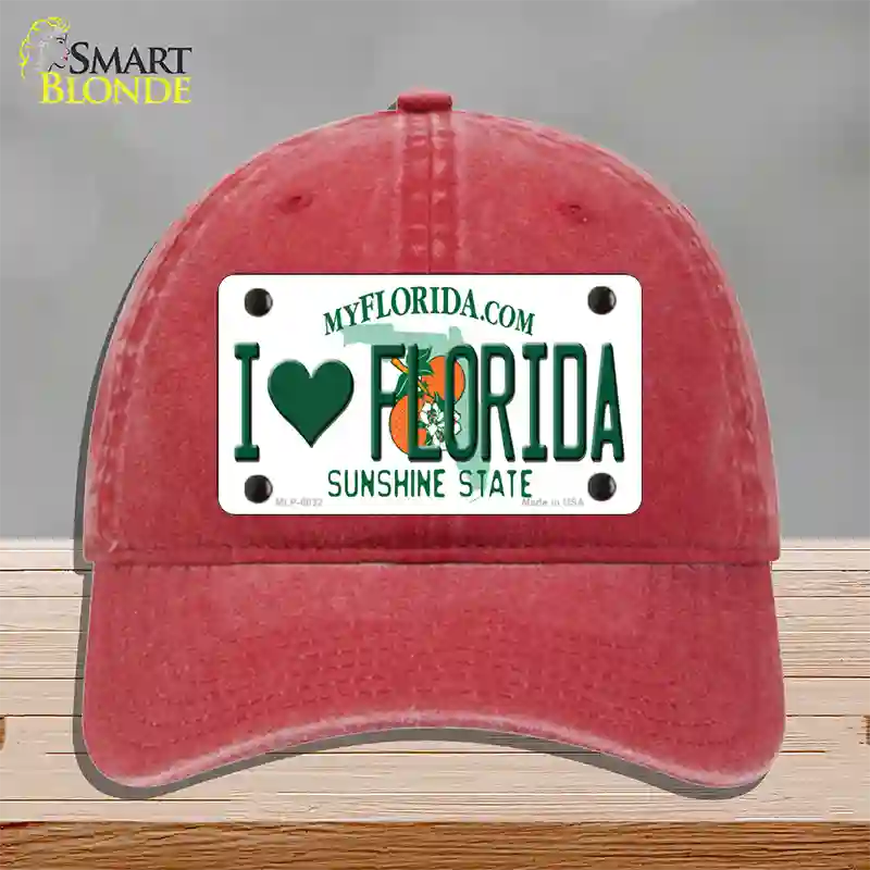 I Love Florida Novelty License Plate Hat Unconstructed Cotton / Red