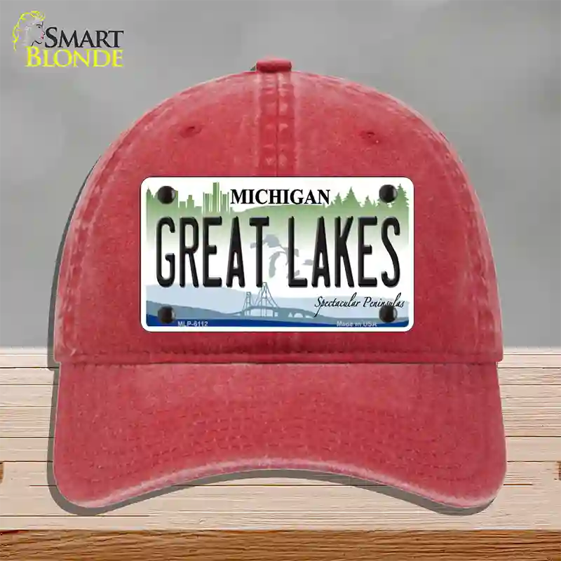 Great Lakes Michigan Novelty License Plate Hat Unconstructed Cotton / Red