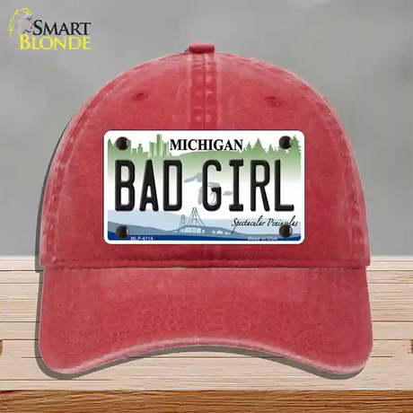 Bad Girl Michigan Novelty License Plate Hat Unconstructed Cotton / Red