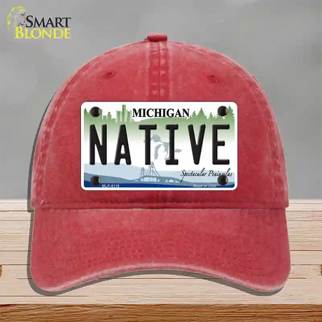 Native Michigan Novelty License Plate Hat Unconstructed Cotton / Red