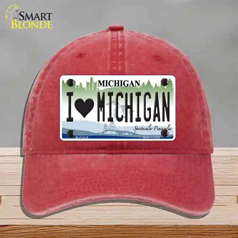 I Love Michigan Novelty License Plate Hat Unconstructed Cotton / Red