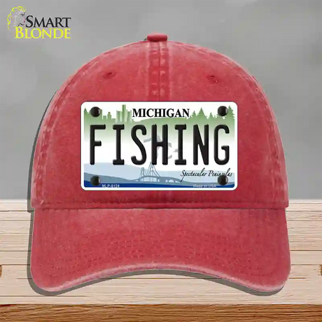 Fishing Michigan Novelty License Plate Hat Unconstructed Cotton / Red